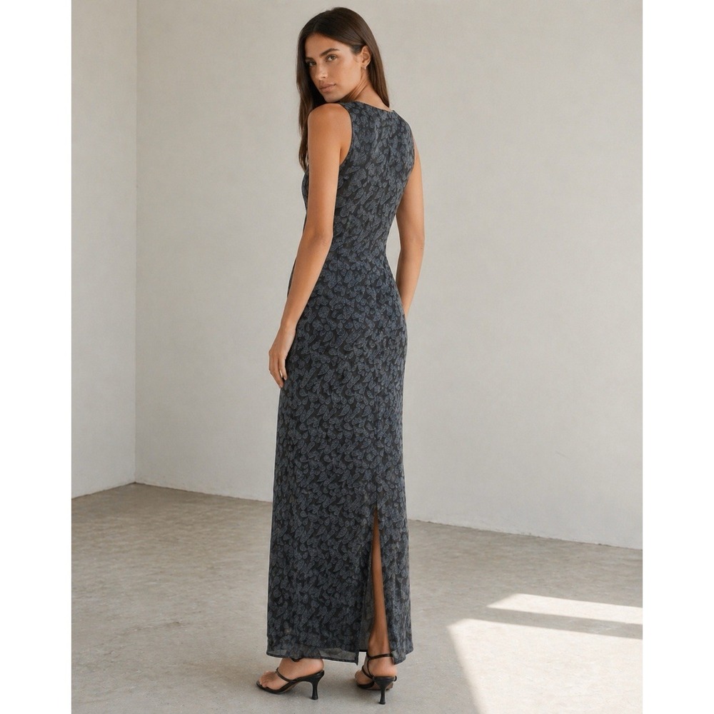 Banana Republic Sz 8 Gray 100% Silk‎ Leaf Maxi Sheath Dress Sleeveless Back Slit - Picture 2 of 12
